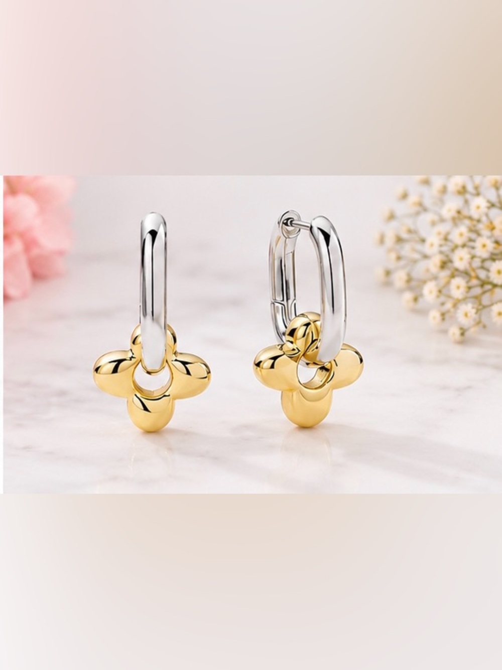 NWT 925 Sterling Silver Two-Tone Flower Hoop Earrings | Modern Floral Huggies ⭐️